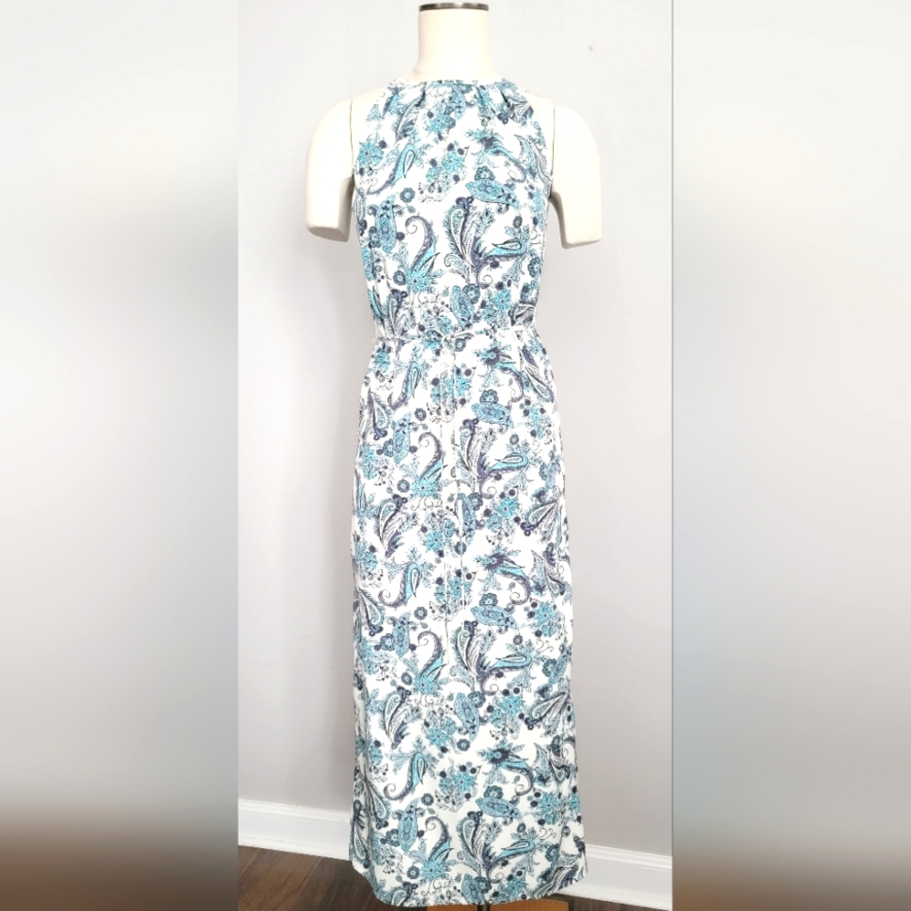 LOFT Floral Blue and White Belted Maxi Dress.